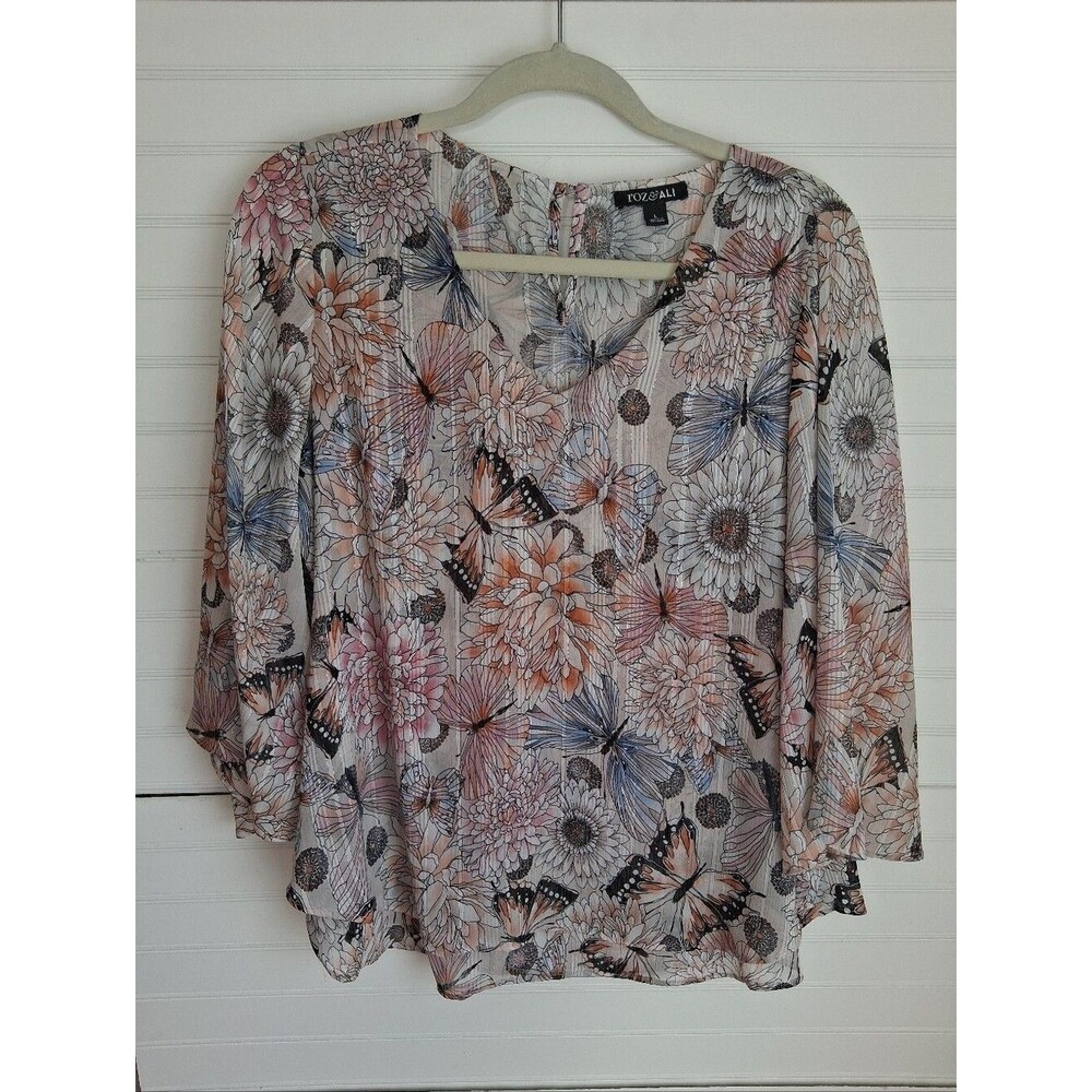 Roz & Ali Floral and Butterfly Print V-Neck Bell Sleeve Blouse Muted Tones Sz L